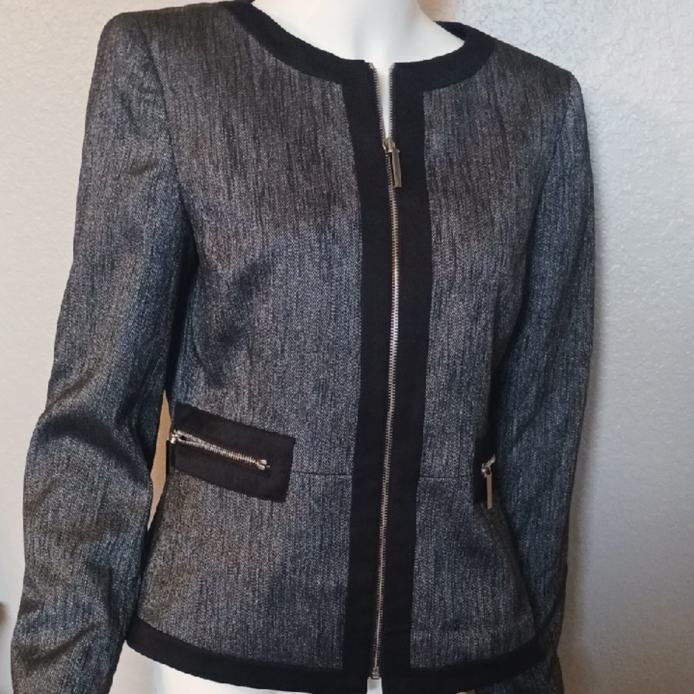 Anne Klein Black/Gray U Jacket with Black Trim